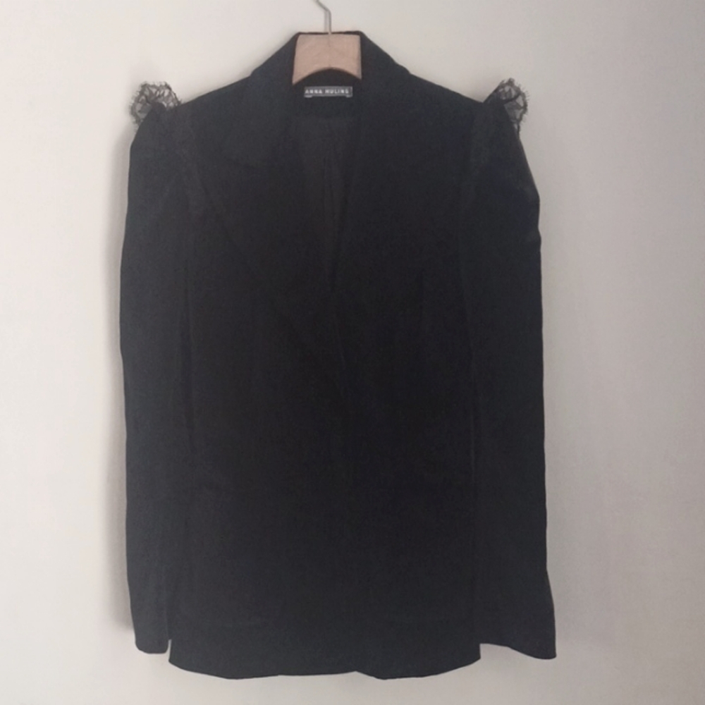 Anna Huling, black velvet blazer w/ distinctive protruding lace shoulder detail